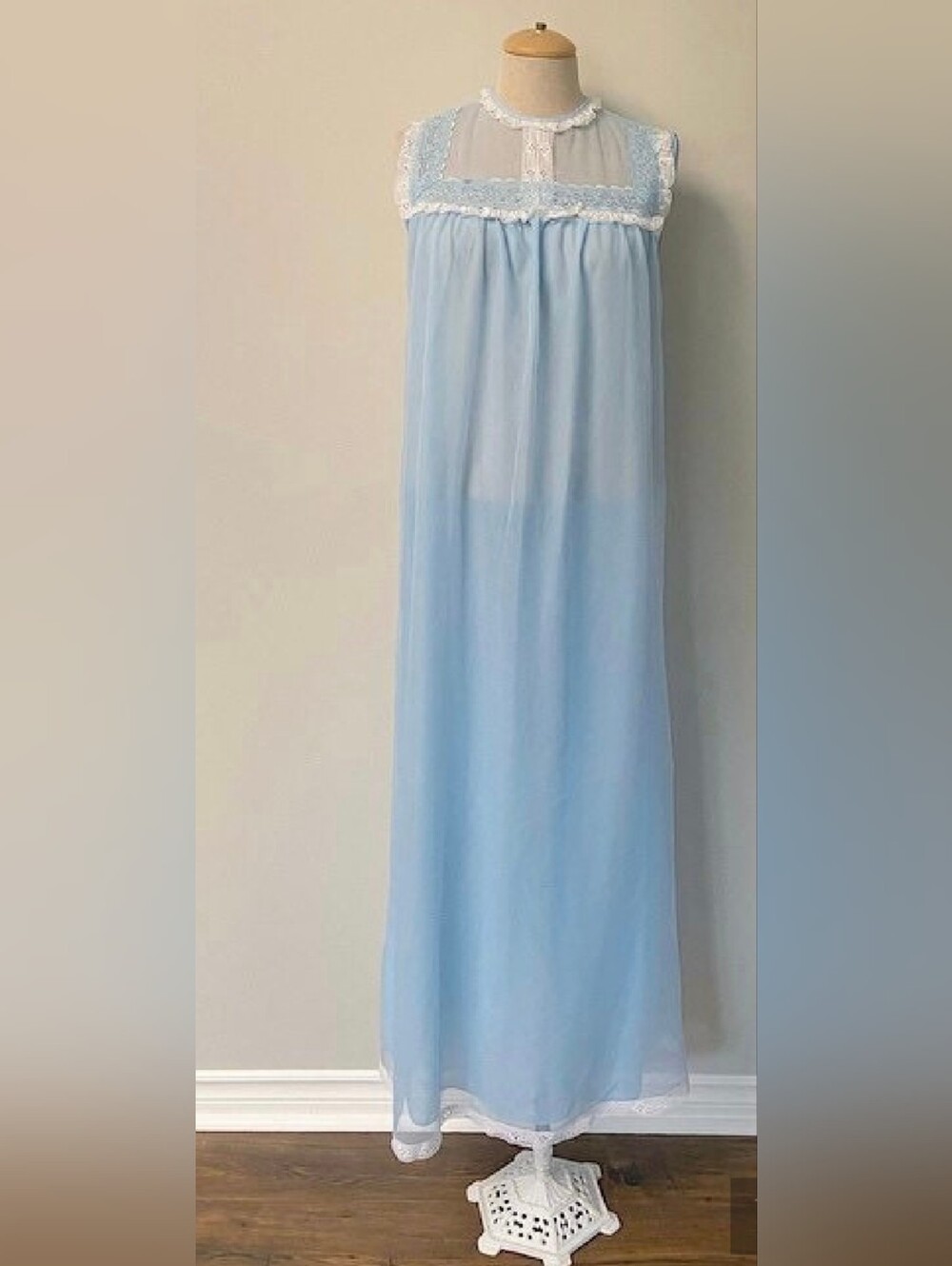 🩵VTG 60s Periwinkle Blue Sheer Long Nightgown Sleepwear Bombshell Pinup Style - Picture 2 of 9